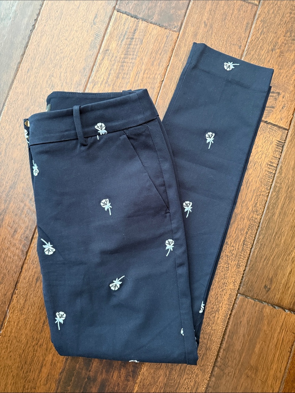 LOFT Navy Pants with White Floral Embroidery
